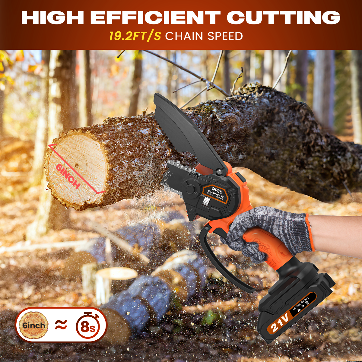 GPED Mini Chainsaw, 6 inch Portable Electric Chainsaw Cordless, Handheld Chain Saw Pruning Shears Chainsaw for Tree Branches, Courtyard, Household and Garden, Orange