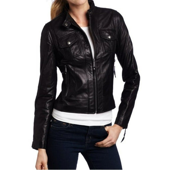 Noora Women's Black Collared leather jacket with front pocket Motorcycle Leather Jacket ST0293