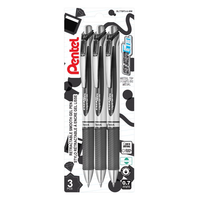 EnerGel Retractable Gel Roller pens pack of 3 with 0.7mm medium metal tips and black ink, featuring smooth, quick-drying liquid gel ink, rubber grips for writing comfort, and retractable click-action design, ideal for office and school note-taking.