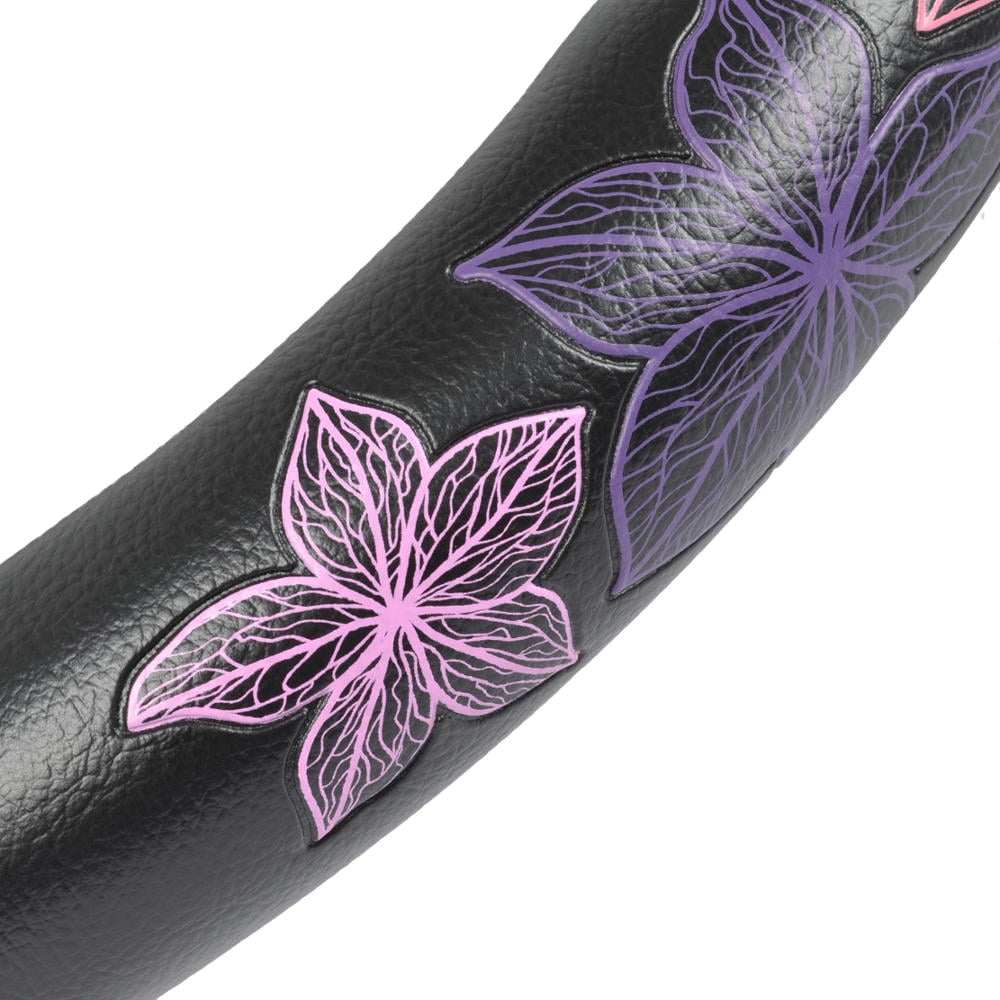 BDK GripGrab Comfort Grip - Purple & Pink Flowers Design on Black Synthetic Leather Steering Wheel Cover 15" - SW-538_AM
