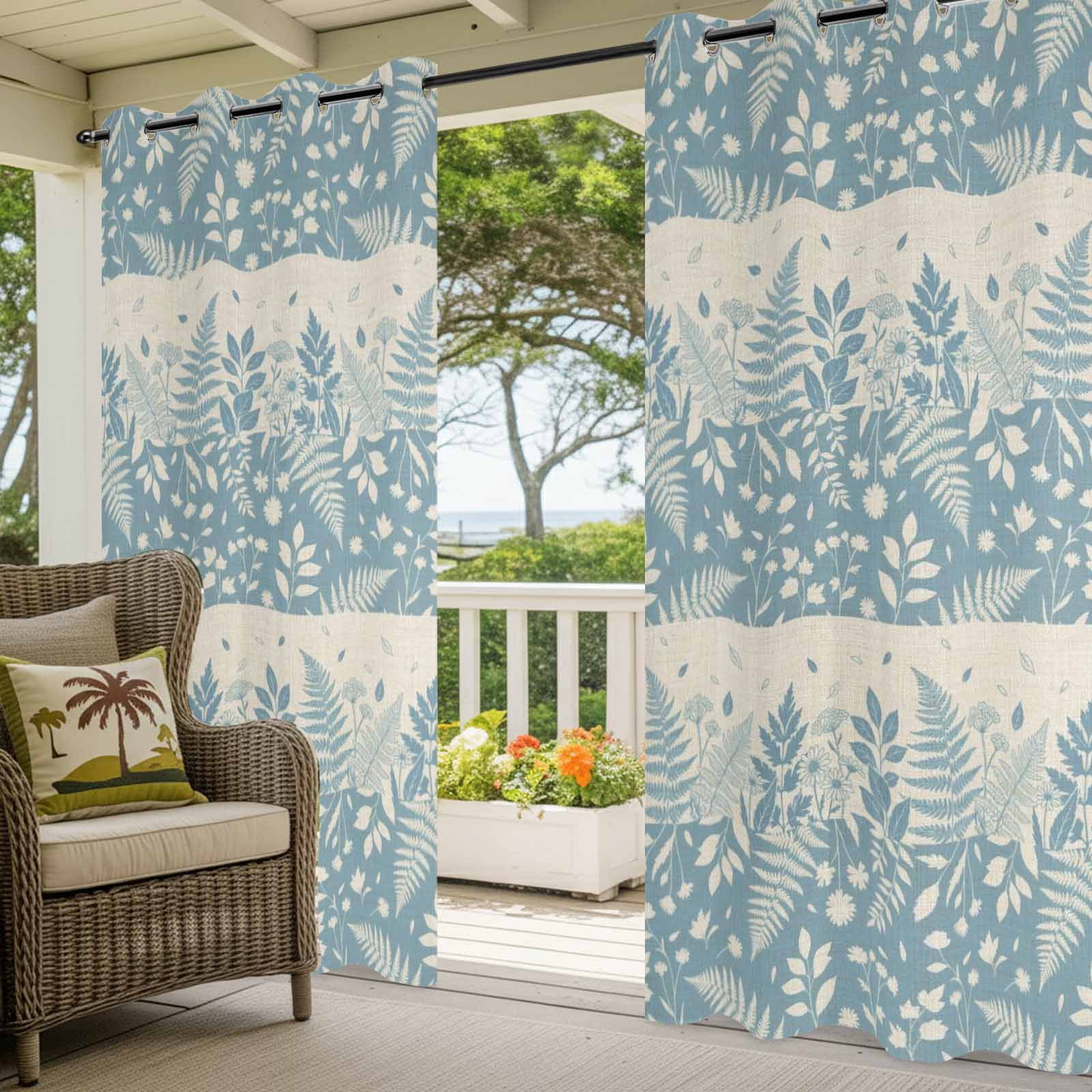 Spring Ferns Outdoor Curtains for Patio, Country Blue Floral Leaf Linen Texture Sunshade Privacy Drapes Grommet Waterproof Outside Curtains for Porch/Cabana/Balcony 54"x 84", 2 Panel