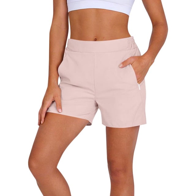 Pantalones Cortos de Cintura Elástica Mujeres Moda Color Sólido Deportes Cremallera Casual Bolsillo Falso Pantalones Cortos de Dos Piezas