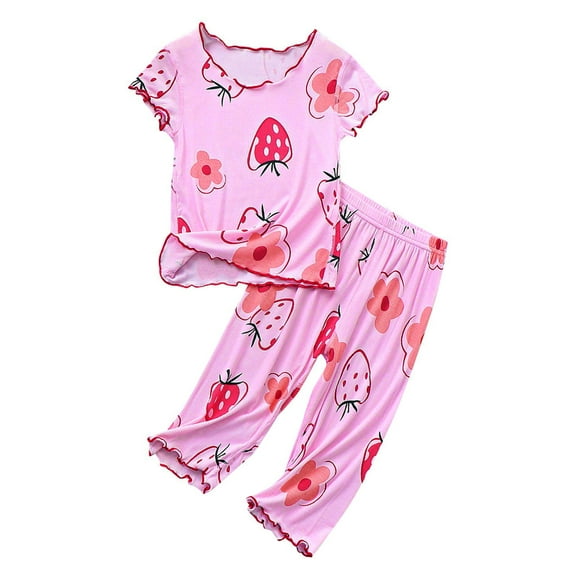 XEGLSBU Girls Pajamas Size 6 Summer Girl Thin Pajamas Strawberry Pattern Wooden Ear Edge Short Sleeve Set Home Clothes Air Conditioning Clothes Girls Pajamas Size 6 Dog Size 2-3 Years