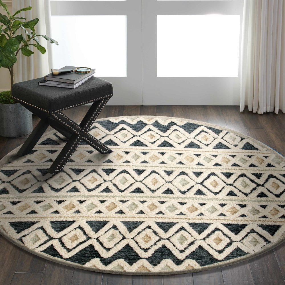 Ox Bay Talia 6' Round Cream/Blue Diamond Striped Wool Indoor Area Rug
