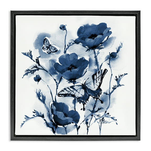 Stupell Industries Indigo Poppies & Butterflies Black Framed Floater Canvas Wall Art design by Paul Brent, 18 x 18