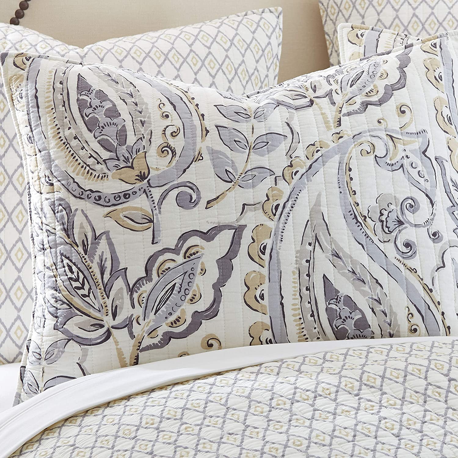 Levtex Home - Tamsin Grey Quilt Set - King Quilt + Two King Pillow Shams - Modern Paisley - Grey Taupe Off-White - Quilt Size (106x92in.) and Pillow Sham Size (36x20in. ) - Reversible - Cotton