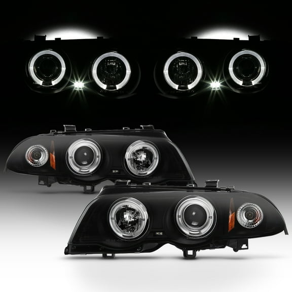AKKON - For BMW E46 3-Series 4 Doors Sedan Black Smoked LED Ring Projector Headlights Replacement Left Right