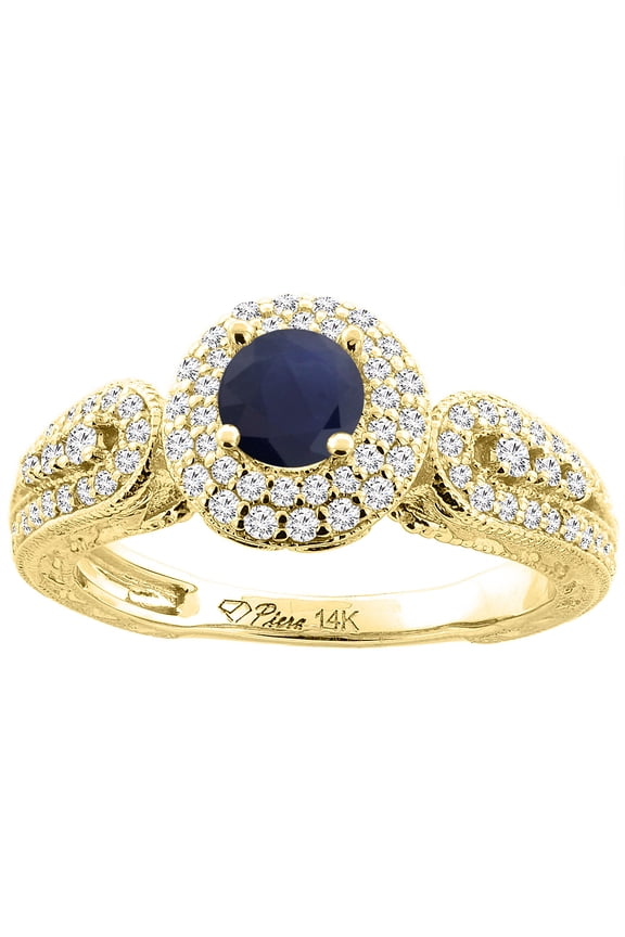 14K Yellow Gold Natural Blue Sapphire & Diamond Halo Ring Round 5 mm, size 8