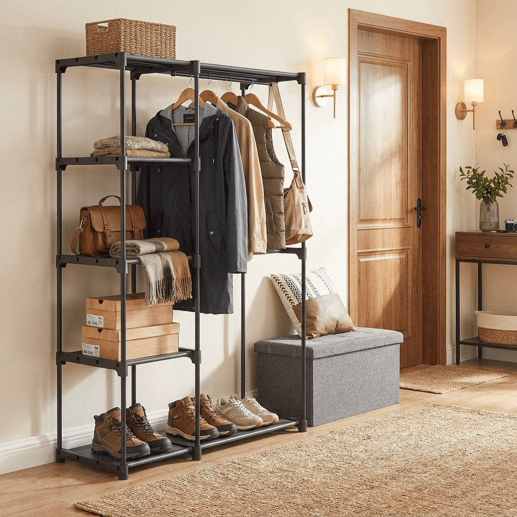 Ledrem Gray Freestanding Closet Organizer, Portable Wardrobe Rack with 4 Shelves & 2 Hanging Rods, Steel
