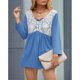 thumbnail image 3 of Top informal para mujer, manga larga, cuello en V, costura de encaje, diseño plisado, Top delicado y bonito de otoño para mujer, azul XXL, 3 of 6