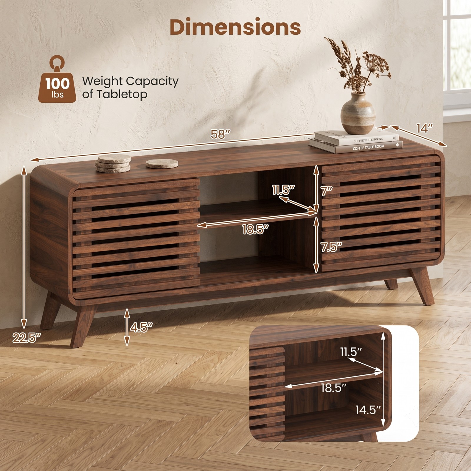Furnibear Mid Century Modern Entertainment Center, TV Stand for TVs up to 65 Inch with Grille-Style Sliding Doors and 3 Adjustable Shelves, Media Console, Walnut