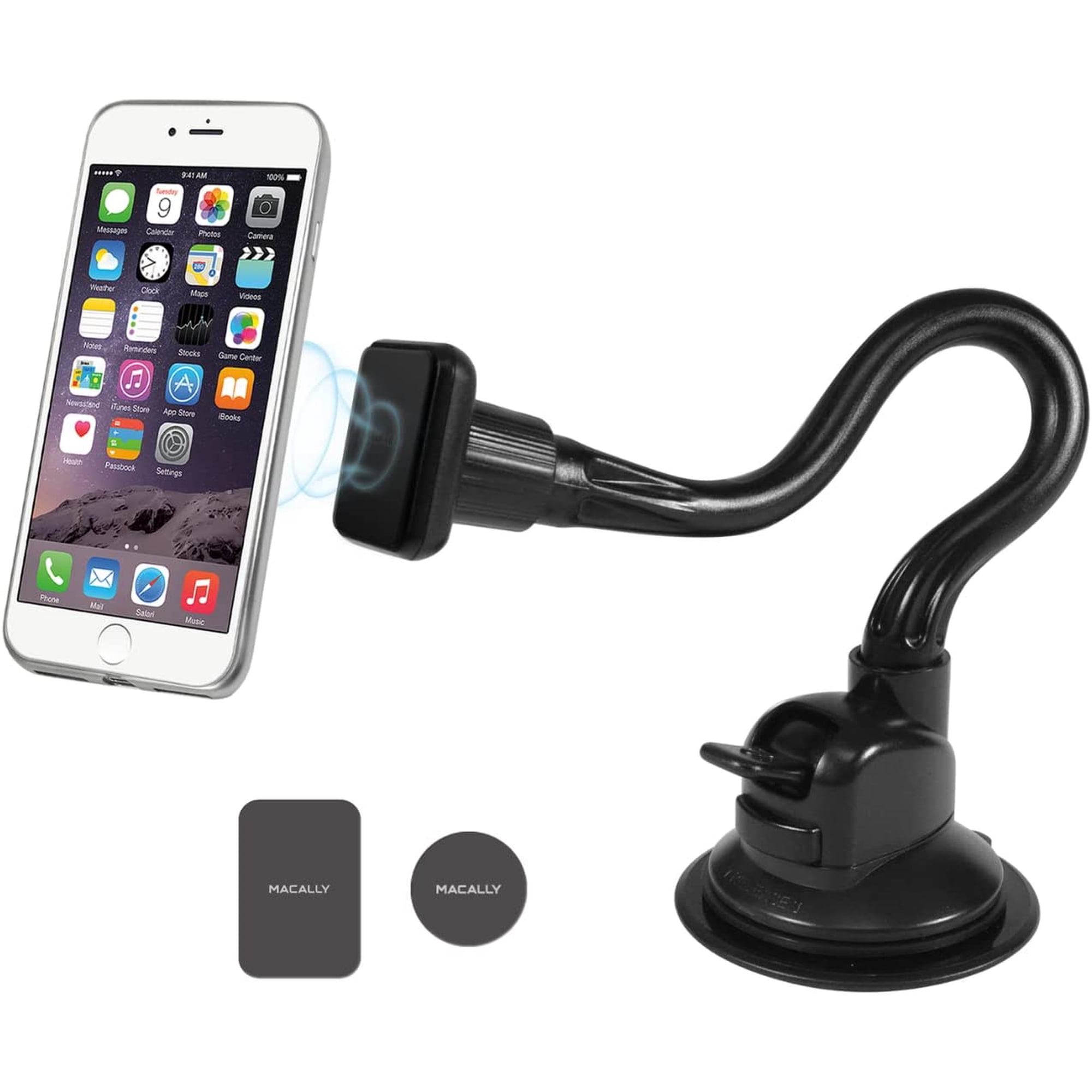 Macally Windshield Phone Mount for Car Magnetic - Suction Cup Window Mount Phone Holder with 12" Long Gooseneck Arm & Super Strong Magnet Mount for Cell Phone, iPhone, Smartphone