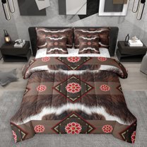 Homewish Rustic Cattle Hide 7 Pieces Bedding Comforter Set,Boho Bohemain Tribal Full Bedding Set,Red Diamond Fitted Sheet Flat Sheet For Men Women,Breathable Home Decor Reversible