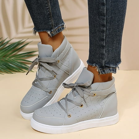 

Cathalem Ladies Fashion Solid Color Leather Surface Breathable High Top Lace Up Flat Casual Running Sneaker for Women Grey 7