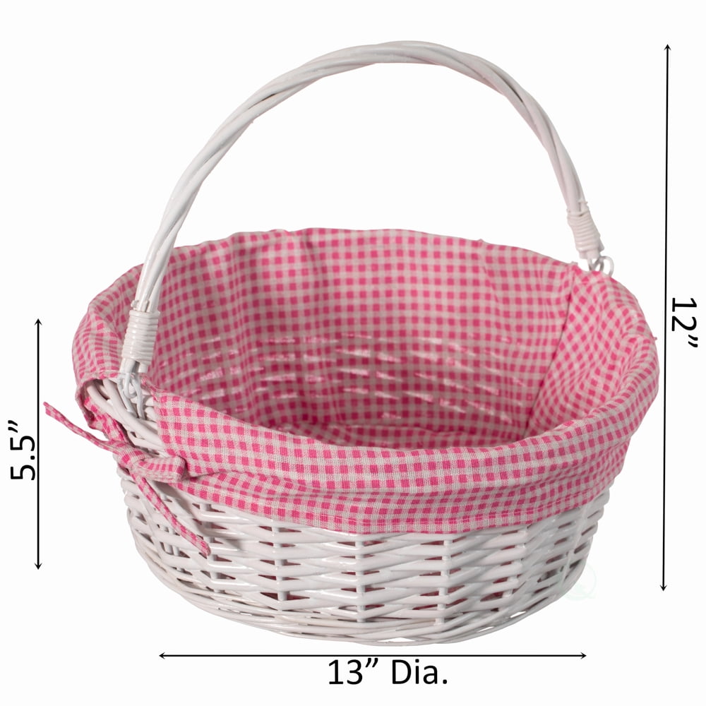 Traditional White Round Willow Gift Basket with Pink and White Gingham Liner and Sturdy Foldable Handles, Food Snacks Storage Basket, Medium