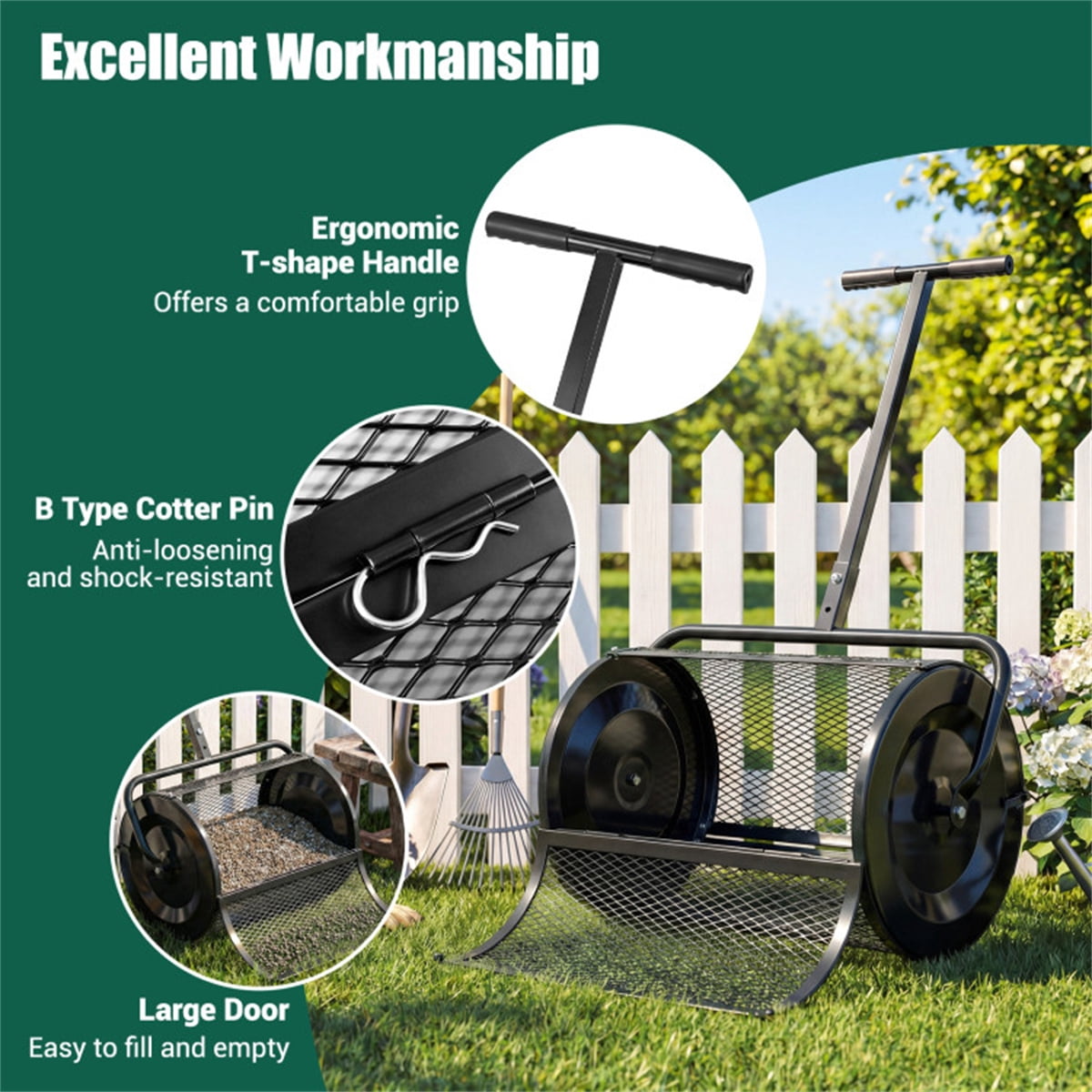 27"×16" Lawn Fertilizer Spreader with Diamond Mesh Clump-Free Garden Compost Spreader - Black