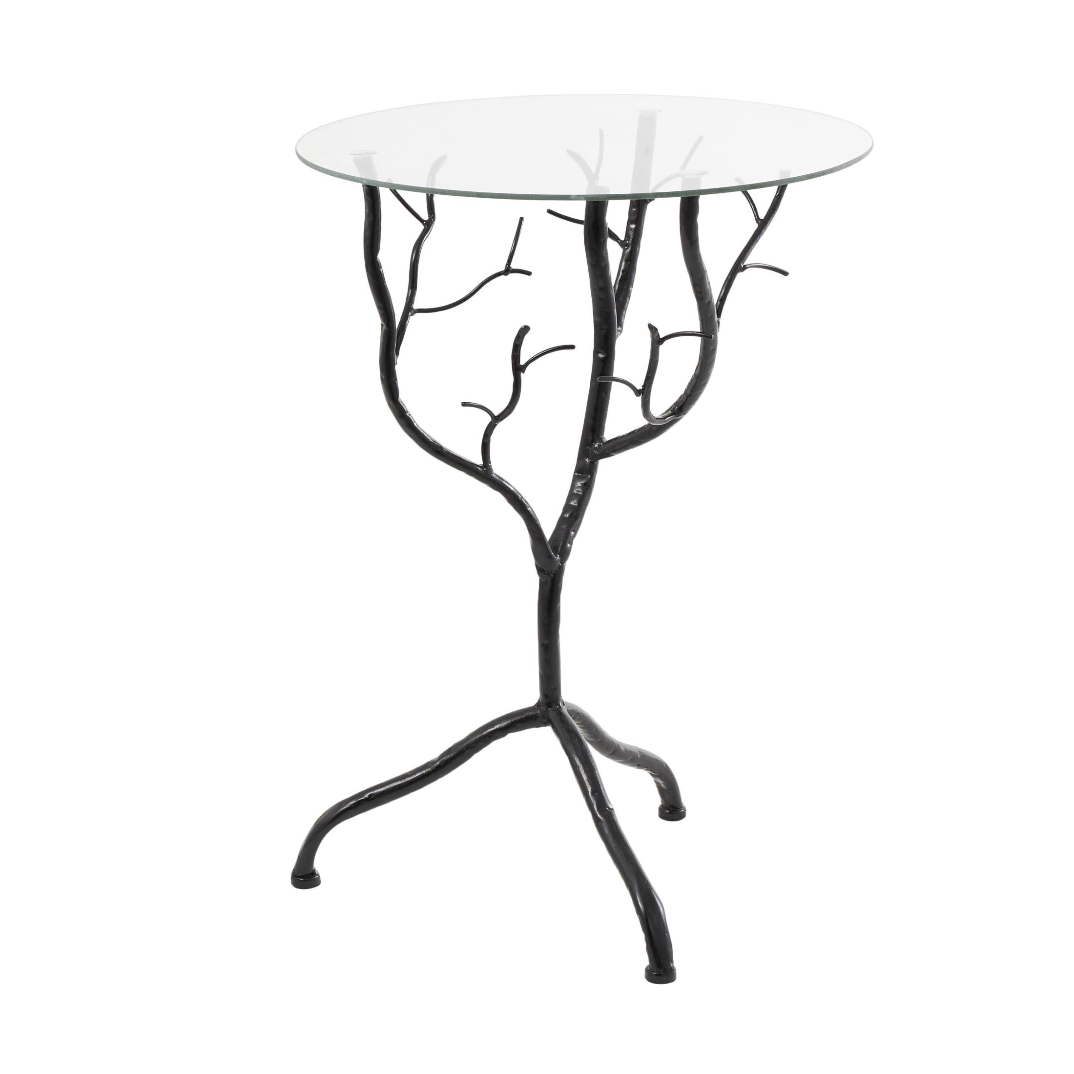 DecMode 16" x 22" Black Metal Branch Tree Accent Table with Tempered Glass Top, 1-Piece