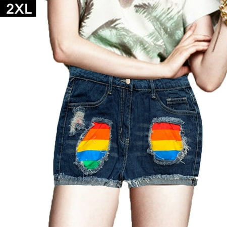 

Viugreum Ripped Rainbow Print Summer Denim Hot Shorts