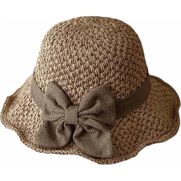 Women's Wide Brim Straw Sun Hat – Retro Woven Handmade with Ruffled Bow, Foldable & Breathable Crochet Bucket Hat for Summer Beach, Travel, Gardening(RL Light coffee 1 PC)