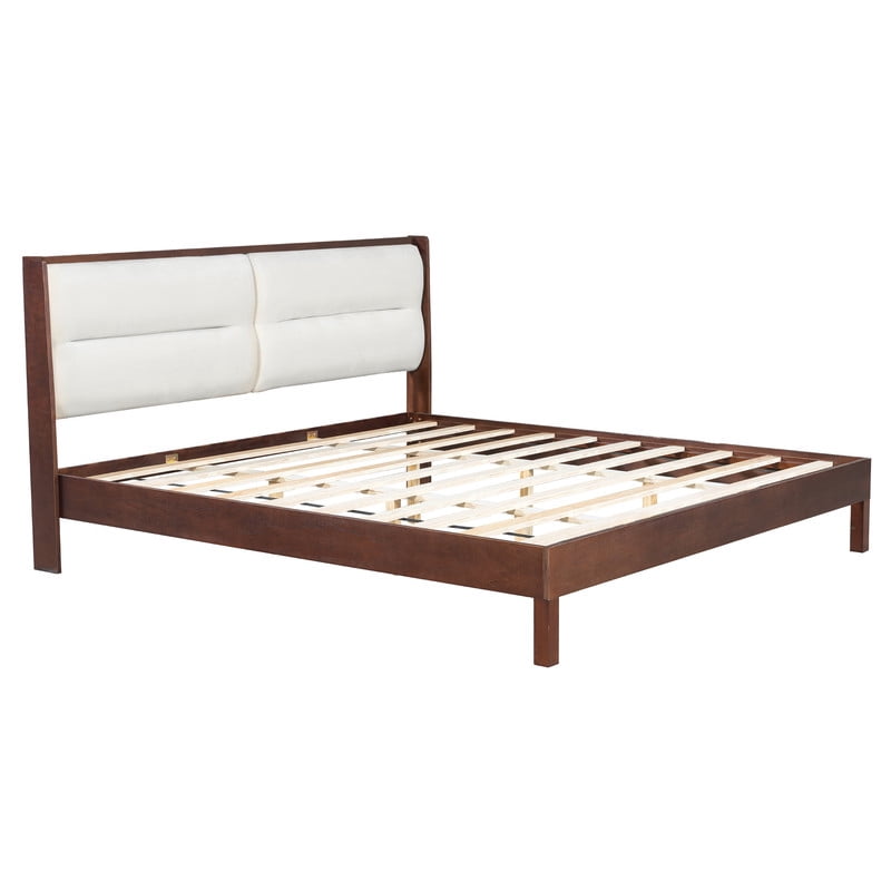 Wooden King Size Platform Bed with Velvet Upholstered Headboard, Low-Profile Bed Frame with Slat Support No Box Spring Needed
