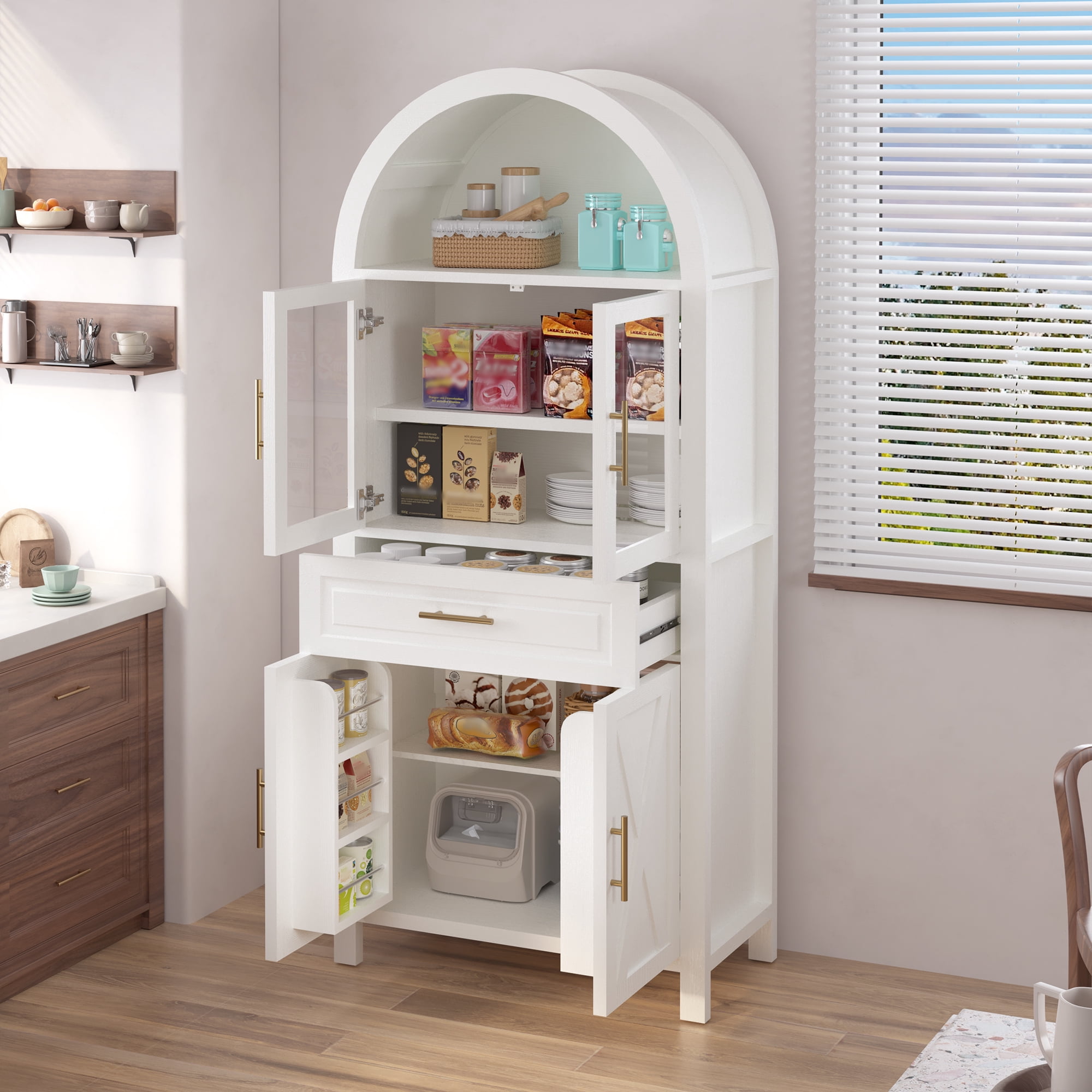 Mintazer Arched Farmhouse Kitchen Pantry Cabinet with Glass Doors, 71" Tall Freestanding Storage with Adjustable Shelves & Drawer for Kitchen Living Room Dining Room, White