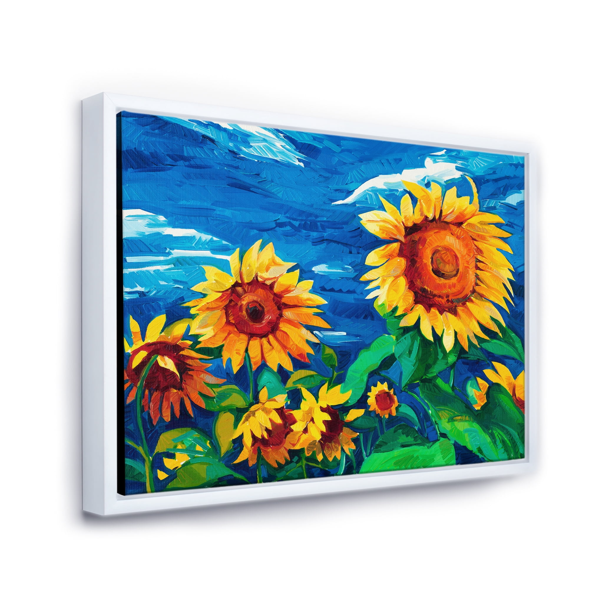Designart 'Sunflowers Field Under A Bright Blue Sky' Traditional Framed Canvas Wall Art Print