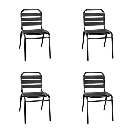 4 PACK Outdoor Patio Stackable Restaurant Armless Chair with Black Metal Frame and Aluminum Slats