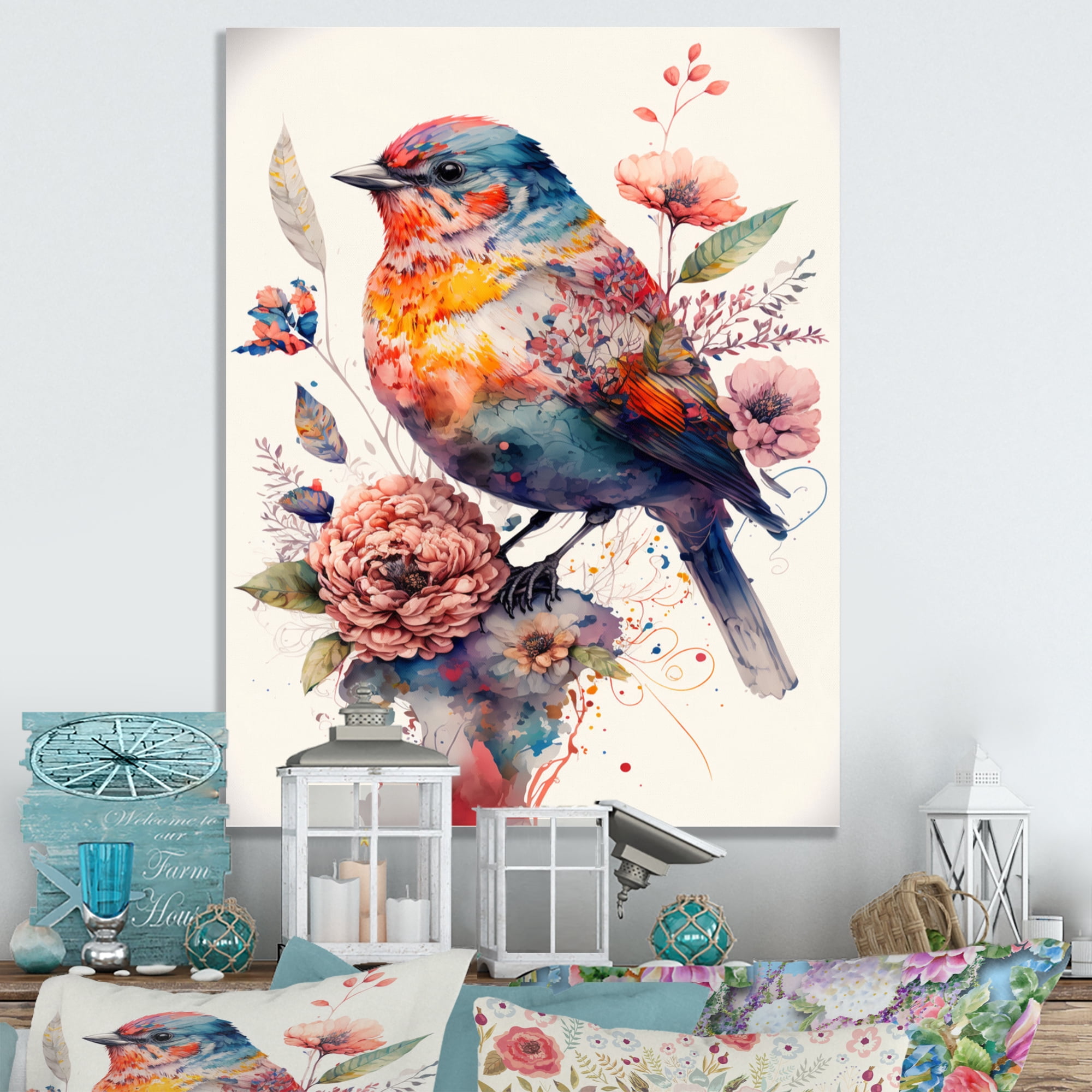 Designart Cute Bird Floral Art Canvas Wall Art