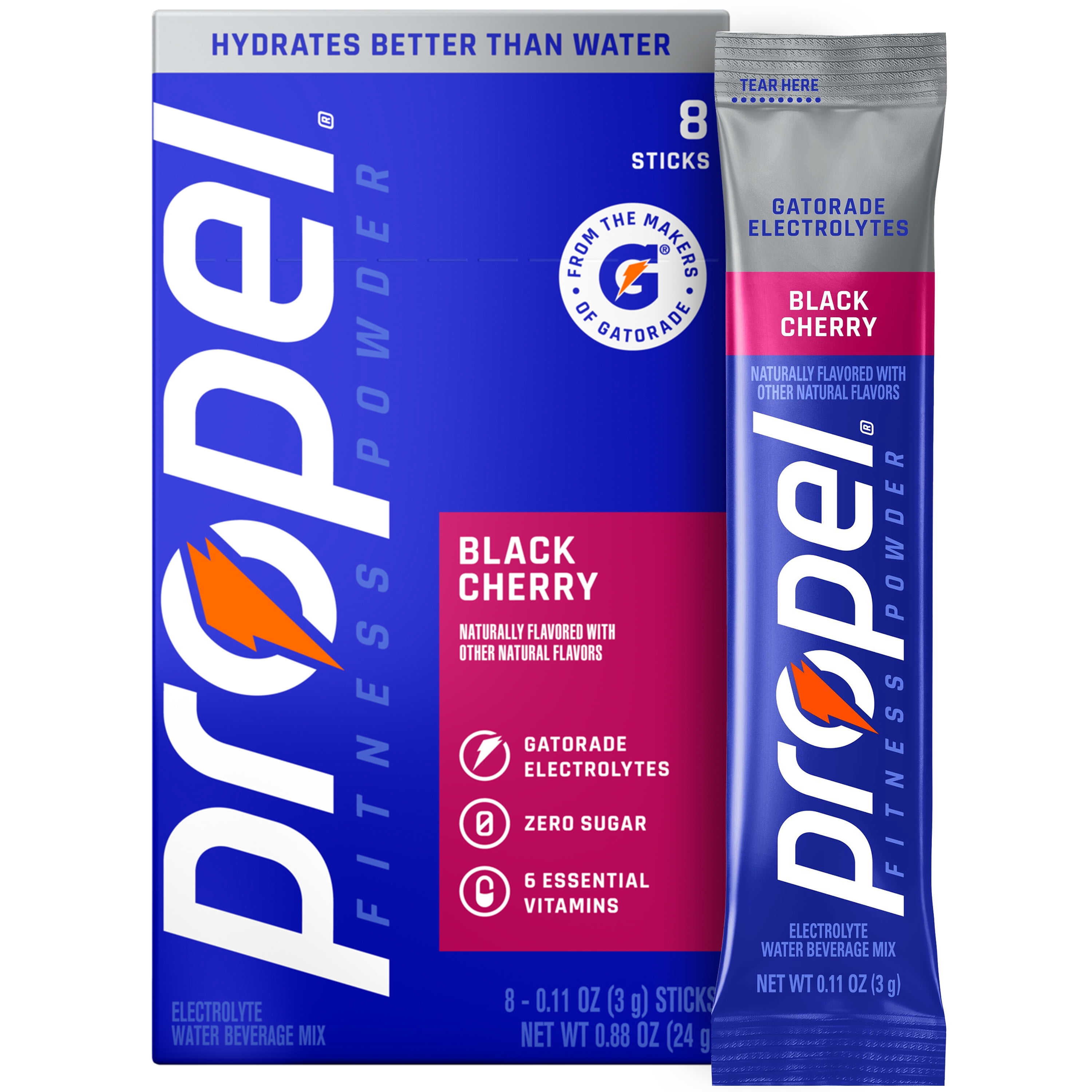 (3 pack) Propel Zero Sugar Black Cherry, On the Go Packs, Electrolyte Powder Drink Mix, 0.11 oz, 8 Count packets