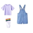 thumbnail image 3 of LRen Overalls for Girls Size 10-12 Summer Denim Shortsalls+ Solid Color Top+Socks 3Piece Set Loose Fit Cotton Daily Wear Stretchy Denim Rompers With Pockets, 3 of 7