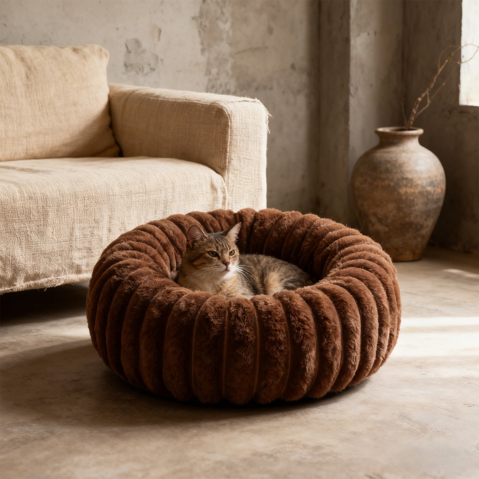 Uutvery 60cm Rabbit Plush Pet Bed, Extra Large Warm Cat Bed for Medium Dogs, Enclosed Plush Pet Kennel with Supportive Filling, 23.62x23.62 Inch