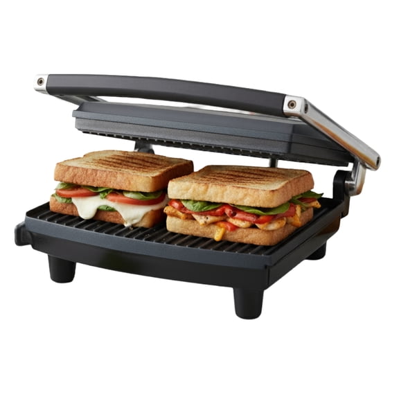 Panini Press Sandwich Maker and Indoor Grill with Drip Tray, 1400-Watt, Brushed Steel