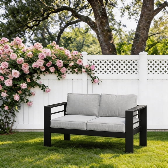 May in Color Patio Furniture Loveseat Sofa, Metal Outdoor Chairs with Upgraded Cushions, All-weather Outdoor 2 Seats Sofa Couch for Balcony, Garden, Deck, Backyard, Black