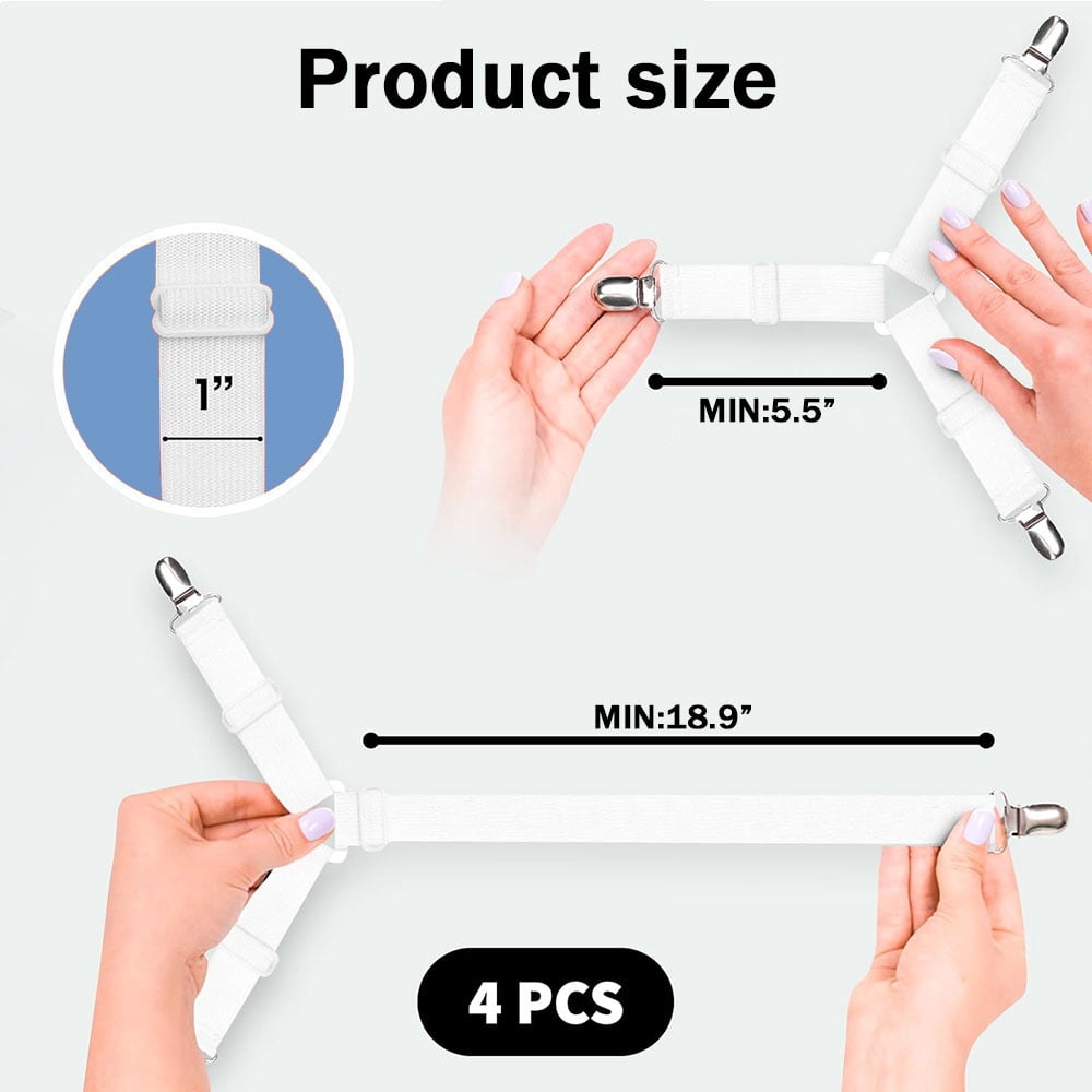 4 pcs Bed Sheet Holder Straps, Adjustable Fitted Sheet Holders, Adjustable Bed Sheet Strap, Bed Sheet Holders for Corners, Fitted Sheet Clips to Hold Sheets in Place