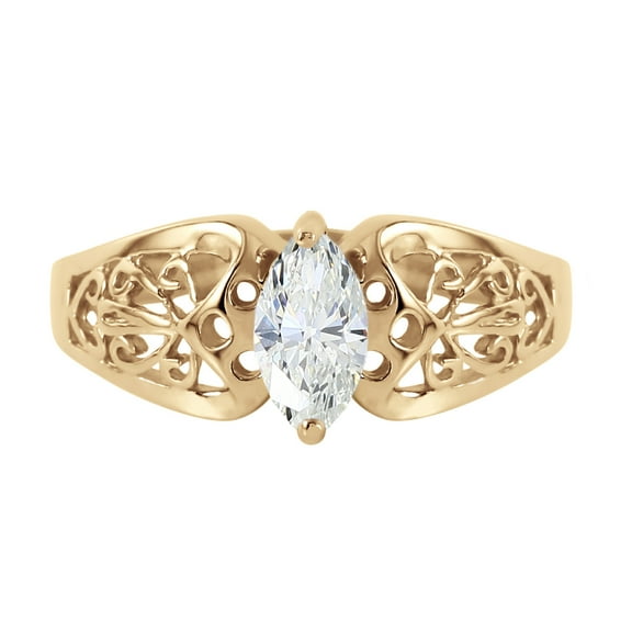 Galaxy Gold 14K Solid Yellow Gold Filigree Ring with Natural Marquis-Shaped White Topaz, Size 11, 5.5-11 Sizes, November Birthstone, Symbol of Clarity