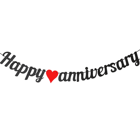 Happy Anniversary Glitter Banner, Black and Red, Party Decoration, Heart Accent