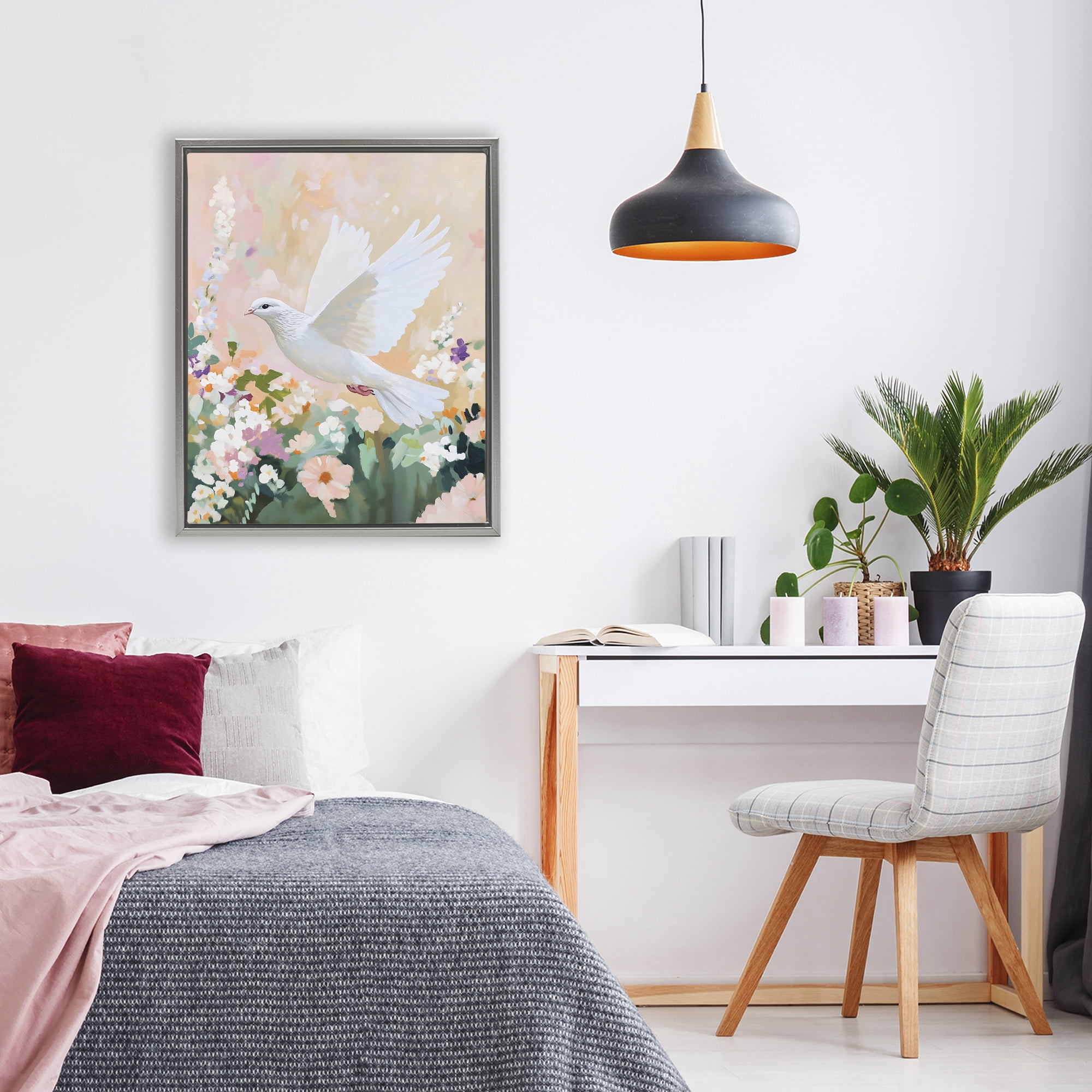 Stupell Industries White Dove Among Spring Blooms Gray Framed Floater Canvas Wall Art, design by The Prints Vibe