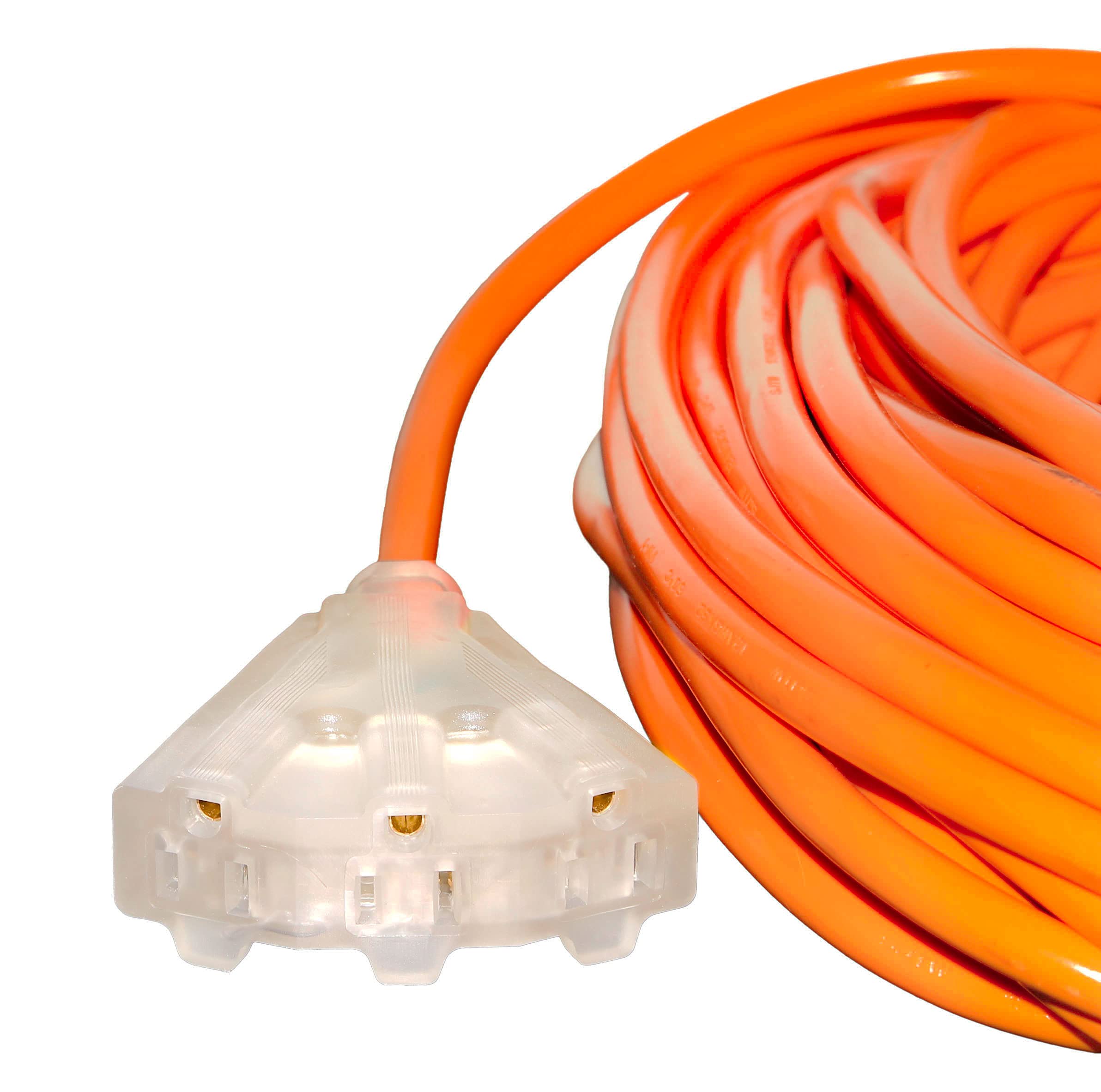ft Power Extension Cord Outdoor  Indoor Heavy Duty 12 gauge/3 prong SJTW  (Orange) Lighted end 3-outlet Extra Durability 15 AMP 125 Volts 1875 Watts  ETL listed by LifeSupplyUSA