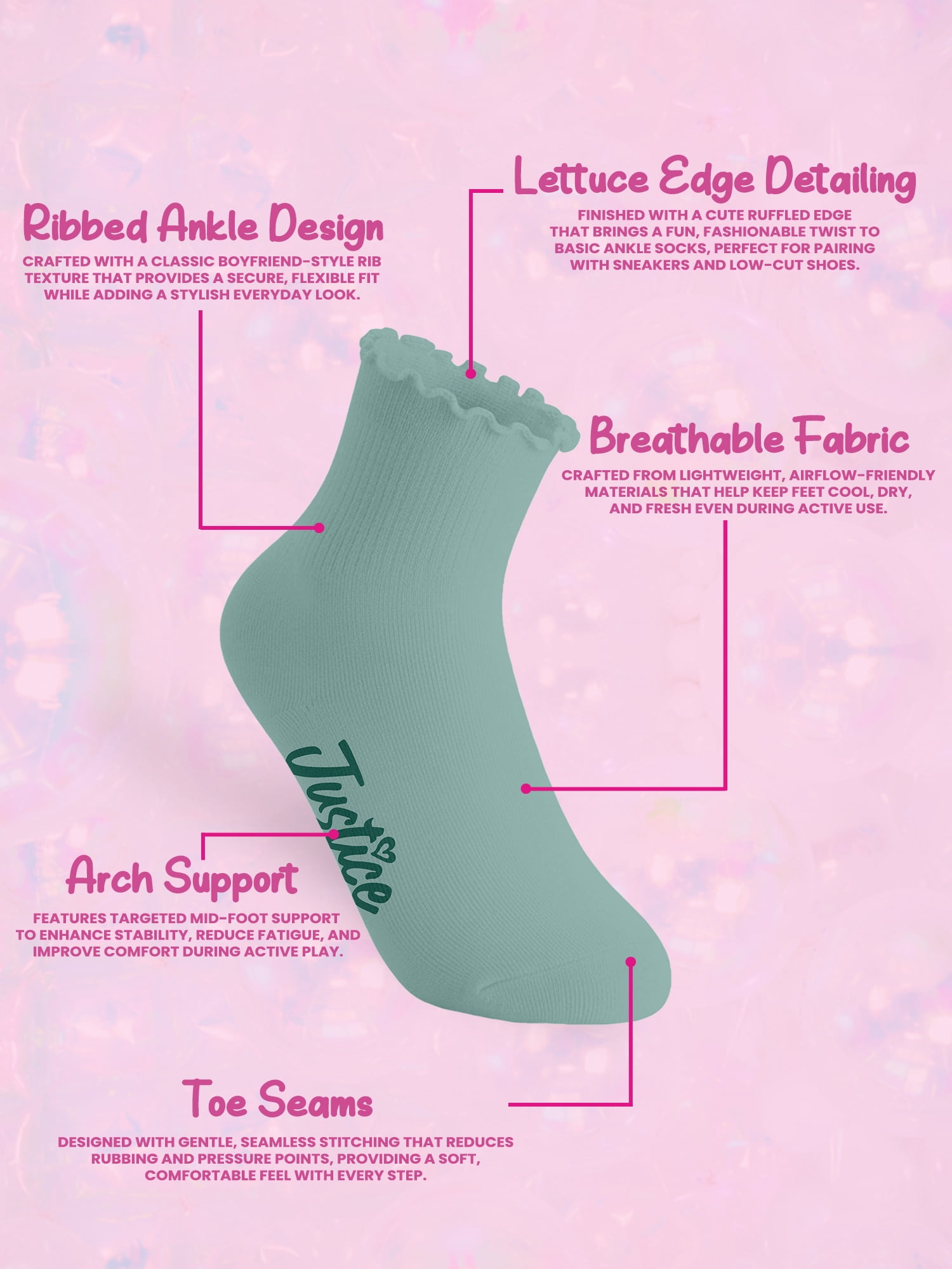 Justice Boyfriend Rib Ankle Socks for Girls with Lettuce Edge Anklet, 6 pk Green