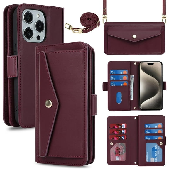 for iPhone 15 Pro Max Wallet Case with Crossbody Lanyard Strap,iPhone 15 Pro Max Flip PU Leather Phone Case Purse Cover for Women Men with 9 Card Holder Slots,Cash Coin Pocket 6.7 inch,Burgundy