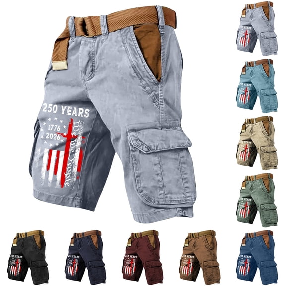 Homeyce Independence Day Flag Print Cargo Shorts for Men with Pocket Distressed Washed Shorts Outdoor Hiking Fishing Military Cargo Shorts 4th Of July Patriotic Shorts,Red L