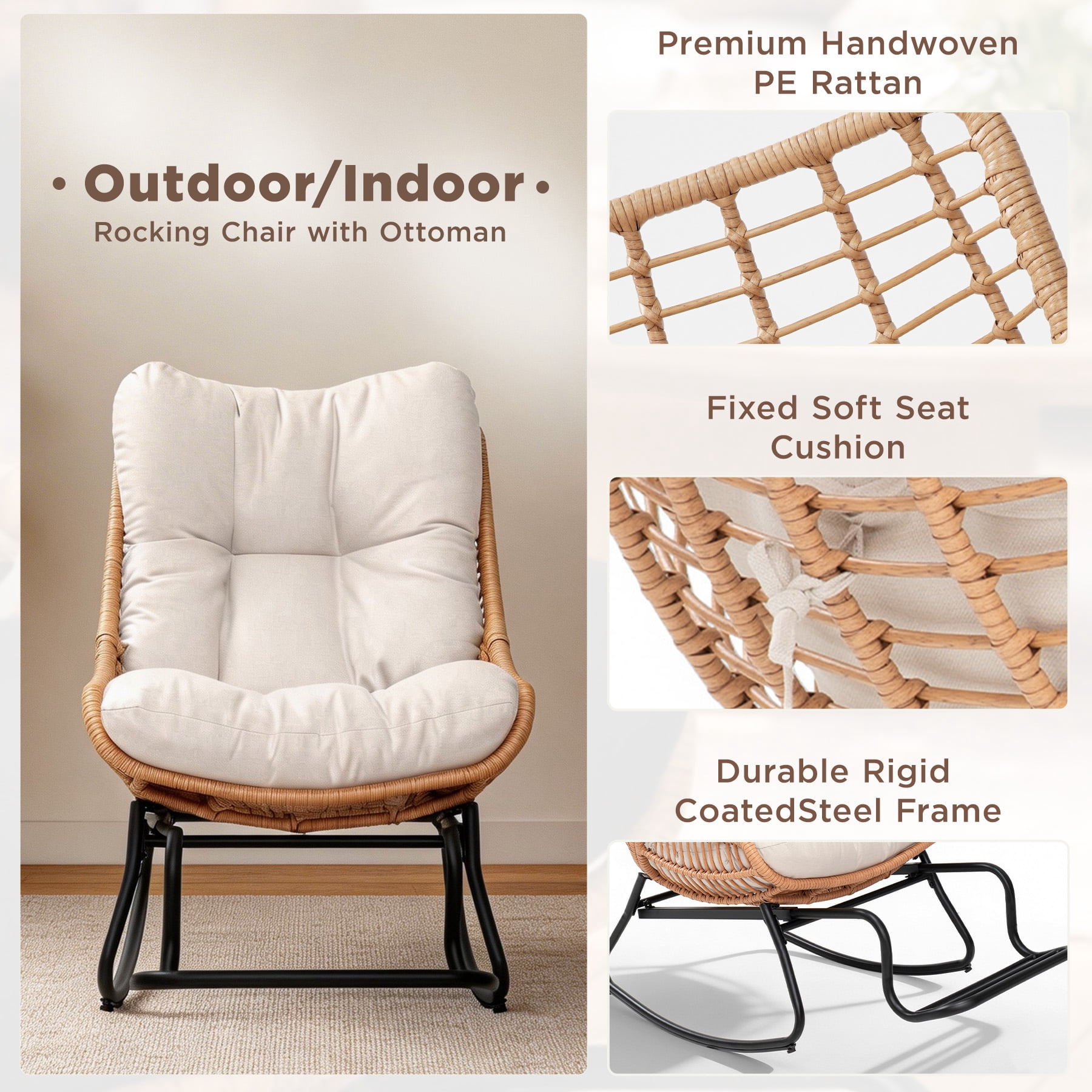 Tappio Rocking Papasan Chair with Adjustable Footrest, Outdoor Egg Rocking Chair with Thick Cushion and Steel Frame, Oversized Papasan Lounge Rocker for Garden, Porch, Living Room, Beige