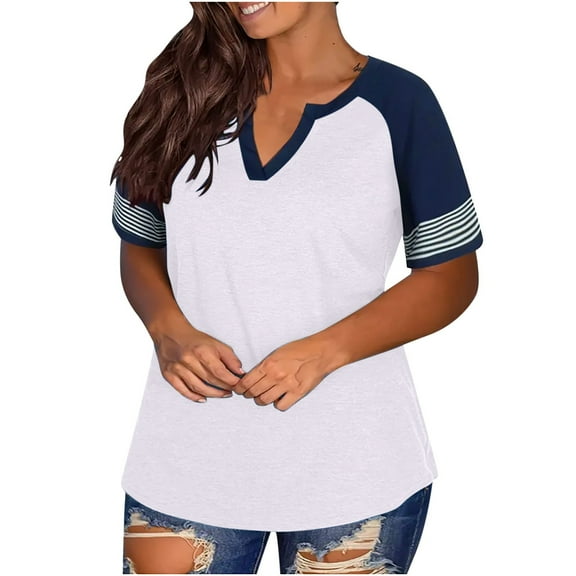 Posijego Women's Plus Size Tops Trendy Color Block Short Sleeve T-Shirts Casual Loose V-Neck Summer Tops