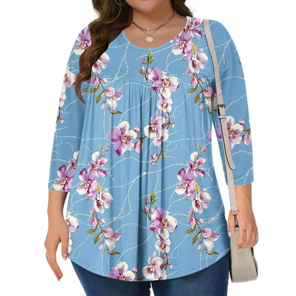 Blmnix Flowy Women's Boho Tops V-Neck Cottagecore Light Blue Women Shirts 3/4 Sleeve Travel Blouses