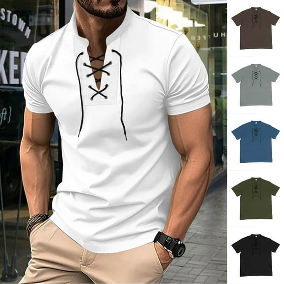 Xunlbb Mens Shirt Mens Casual Button Down Shirts Men Casual Solid Sports Short-sleeved V-neck Lacing Fitness Training Clothes T-shirt Top Gift for Him, S-3XL