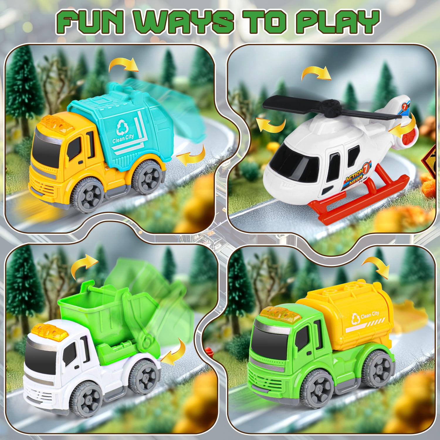 Hot Bee Garbage Recycling Carrier Truck Toy with Lights & Sounds, Sanitation Vehicle Toy for Boys Age 3+, Transport Trash Playset w/ Mini Cars Gift for Boys 3-5