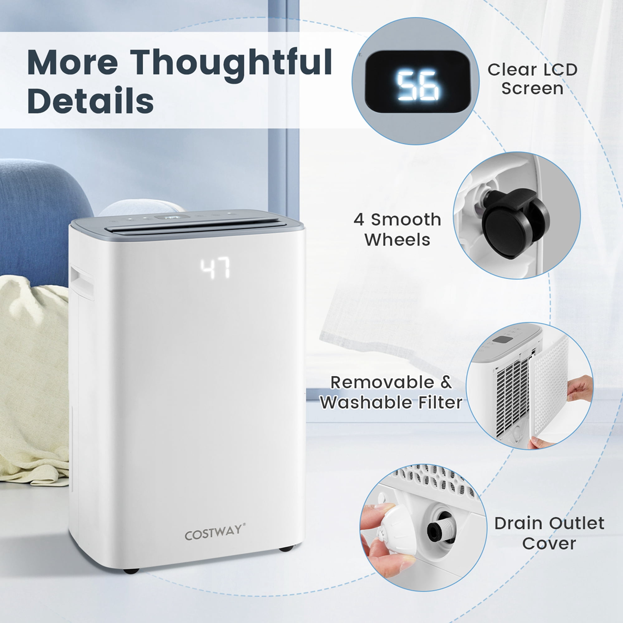 Costway 15.5 Pint(DOE) Dehumidifier for Basement 4500 Sq. Ft Portable Dehumidifier 24H Timer (MAX 52Pint at 95°F, 90%RH)