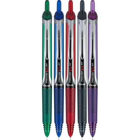 Precise V5 RT Retractable Rolling Ball Pens, Extra Fine Point (.5mm), Assorted Colors Black/Blue/Red/Green/Purple Ink, 5-pk; Premium Comfort Grip, Bundle with Plastic Reusable Pouch