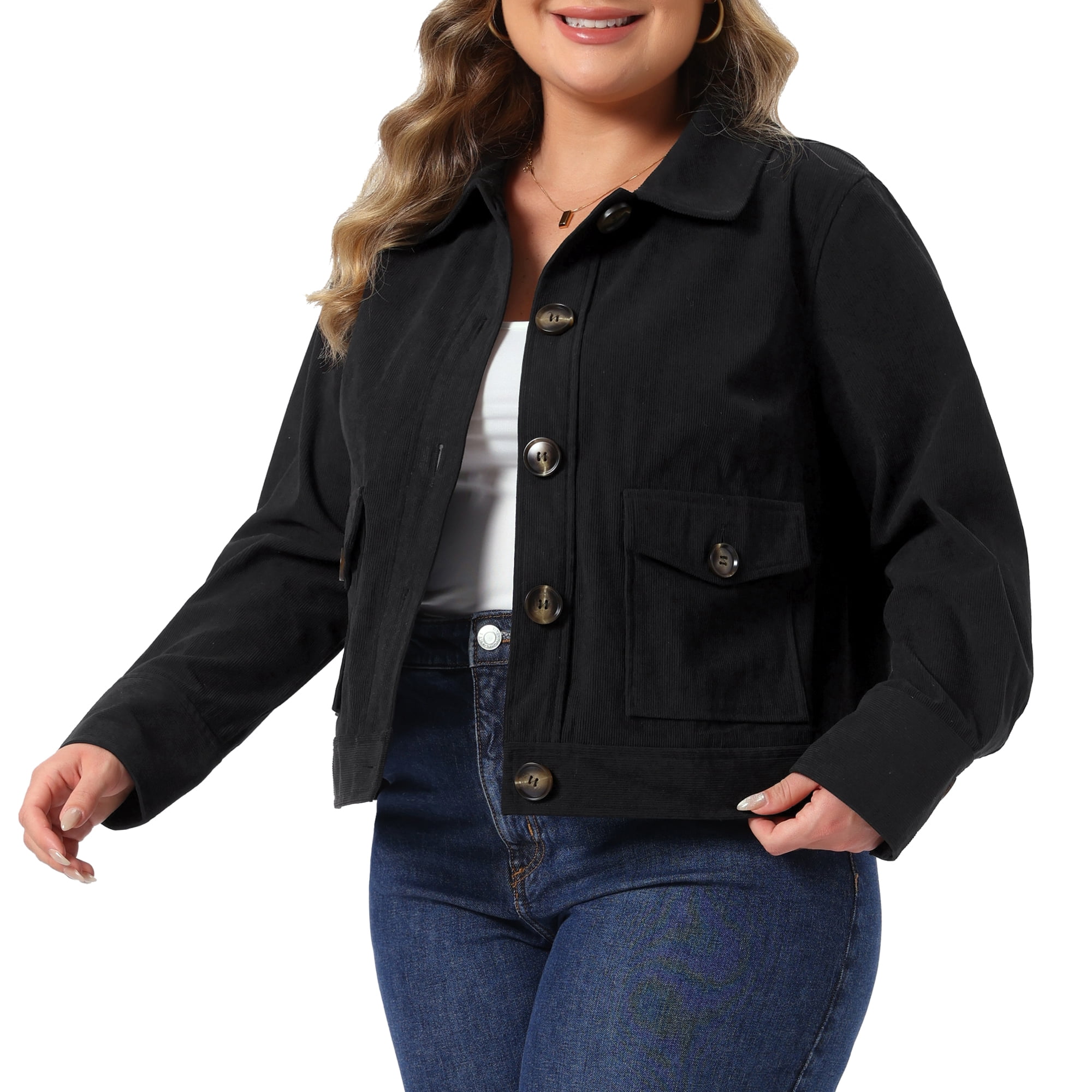 DARING DIVA Women's Plus Corduroy Long Sleeve Button Pockets Jacket 4X Black