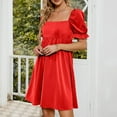 thumbnail image 5 of Usmixi Womens Dresses High Waist Casual Smocked Swing Beach Short Sun Dresses Short Sleeve Square Neck Solid Mini Summer Dress Red XL Clothes, 5 of 7